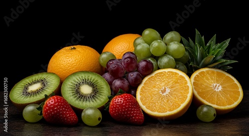 Fototapeta Naklejka Na Ścianę i Meble -  Still life of fresh fruits oranges grapes kiwi strawberries healthy eating vitamin c antioxidant rich food