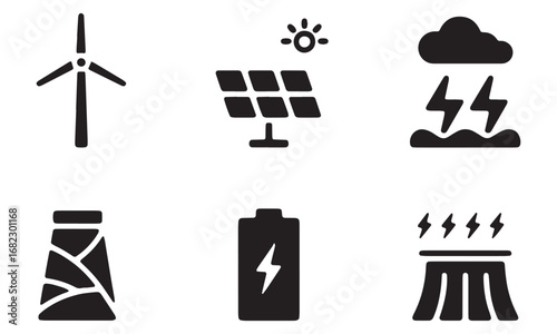 Energy Source Icons Representing Renewable and Non Renewable Resources Wind Solar Hydro Battery and Nuclear Energy for Power Generation
