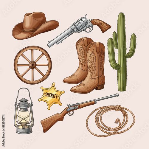 Playful Watercolor Style Western Props Set