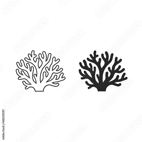 Outline and silhouette coral reef icons for ecosystem infographic and marine education