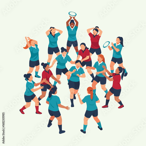A group of women rugby players celebrating a victory, in an isometric view, full of energy and excitement.