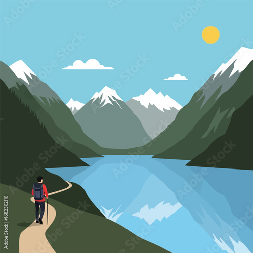 A hiker strolls along a scenic mountain path overlooking a tranquil lake nestled amidst snow-capped peaks.