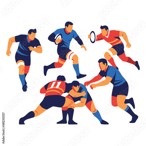 Rugby players in various dynamic poses, showcasing different actions of the game.