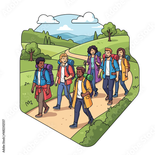 A group of hikers walking a scenic path through a landscape, carrying backpacks.