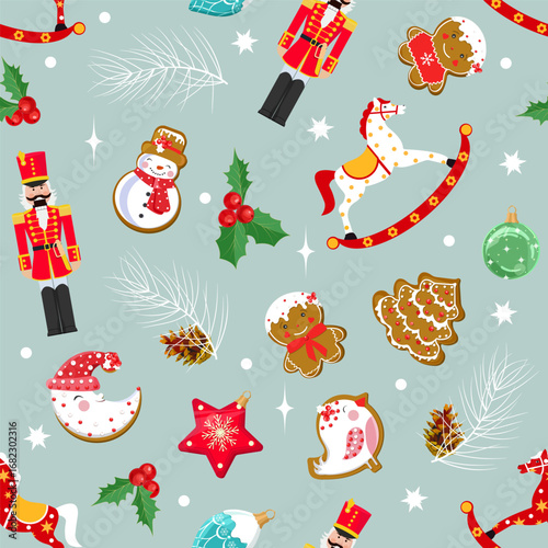 Christmas seamless pattern featuring nutcrackers and new year's toys. Perfect for kids' clothing and home decor, as well as wrapping paper.