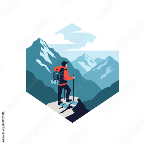 A lone hiker pauses atop a mountain peak, gazing at a breathtaking snow-capped vista.