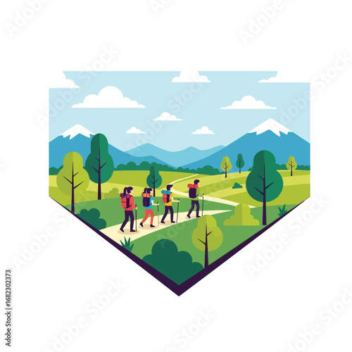 Hikers enjoy a scenic mountain trail, traversing a verdant landscape under a bright sky.