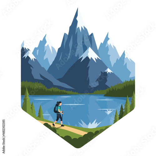 A hiker with backpack enjoys a scenic mountain lake trek.
