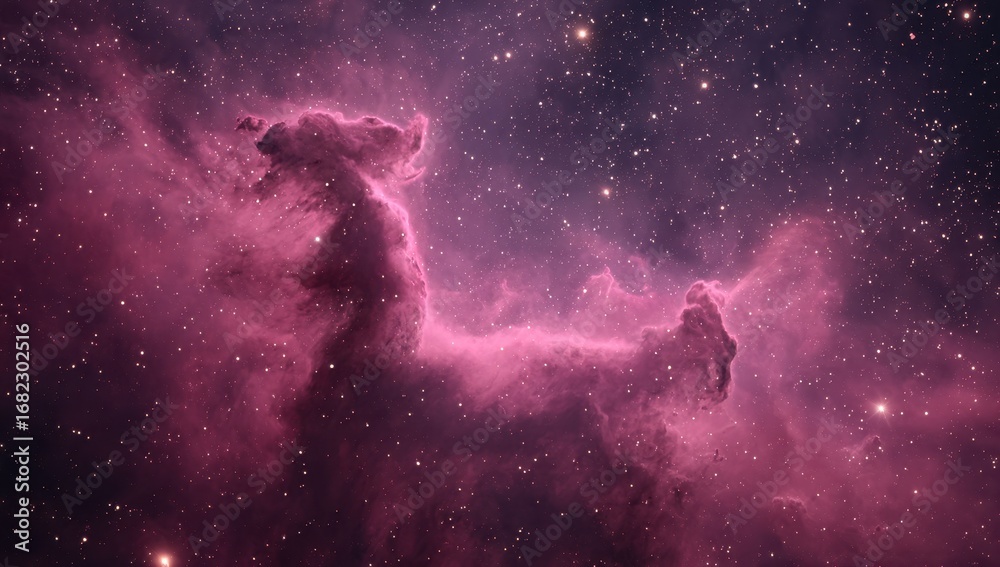 Fototapeta premium Deep space nebula, horse-like shape, vibrant pink hues, star-studded expanse