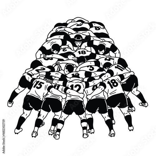Rugby players in a massive scrum, heads and shoulders together, forming a powerful pyramid.