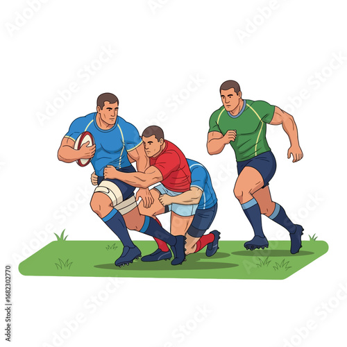 Rugby players in a dynamic scrum, showcasing athleticism and competition on a grassy field.