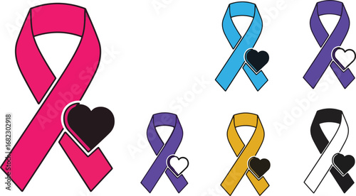 Diverse awareness ribbons with hearts symbolize support and hope for various causes, fostering community and advocacy with vibrant colors and heartfelt design.