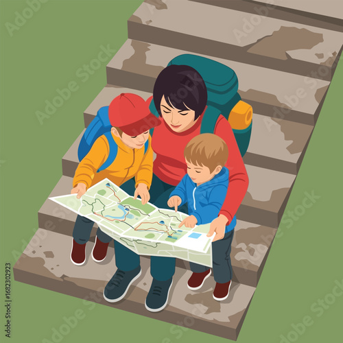 Family of three hikers studying a map while sitting on stone steps, preparing for their adventure.