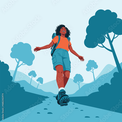 A joyful Black woman hikes a scenic trail, arms outstretched, embracing the journey through nature's beauty.