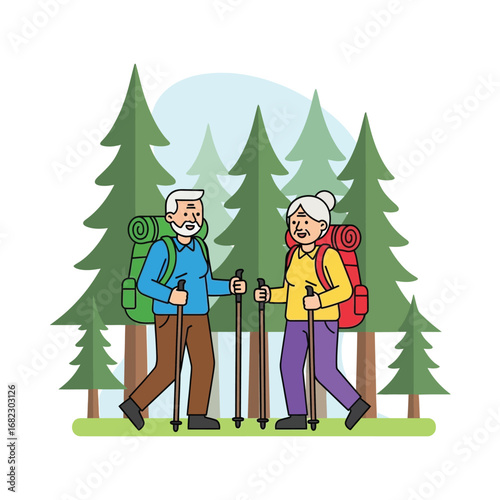 Senior couple hiking in a forest, enjoying the outdoors with trekking poles.
