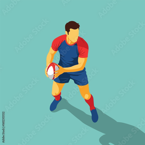 Rugby player in an isometric view, holding a rugby ball, ready to pass or throw.