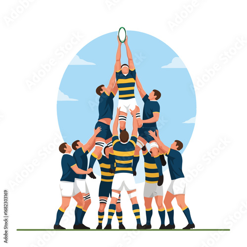 Rugby team forming a lineout, lifting a player to catch the ball.