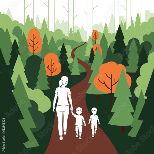 Family enjoying a scenic forest walk, mother and two young sons stroll along a winding path through lush green trees.