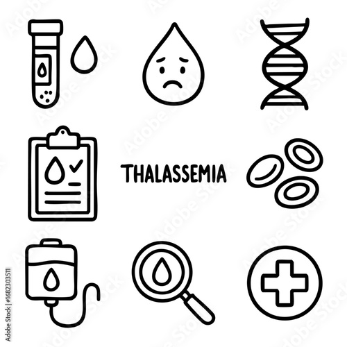 A set of doodle line icons illustrating thalassemia, blood disorders, genetic testing, diagnosis, red blood cells, and medical treatment