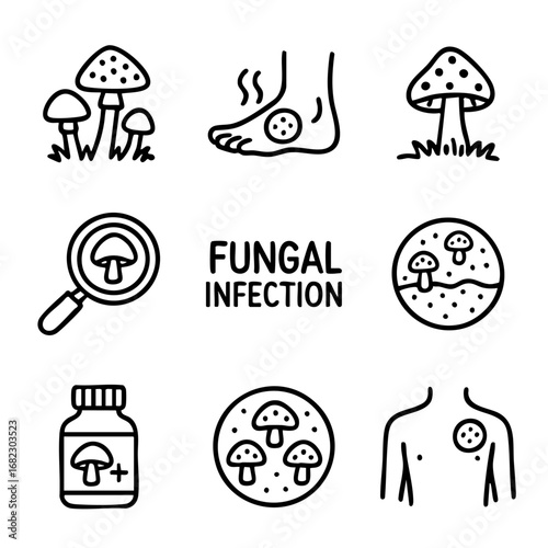 A set of doodle line icons illustrating fungal infections, skin conditions, medical treatment, symptoms, fungi growth, and diagnosis