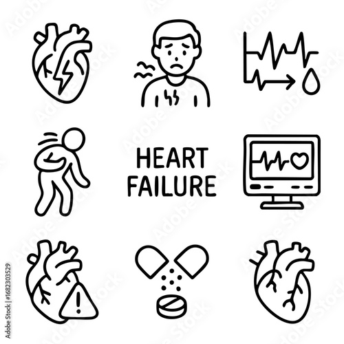 A set of doodle line icons depicting heart failure, chest pain, heartbeat issues, medical treatment, symptoms, and cardiac monitoring