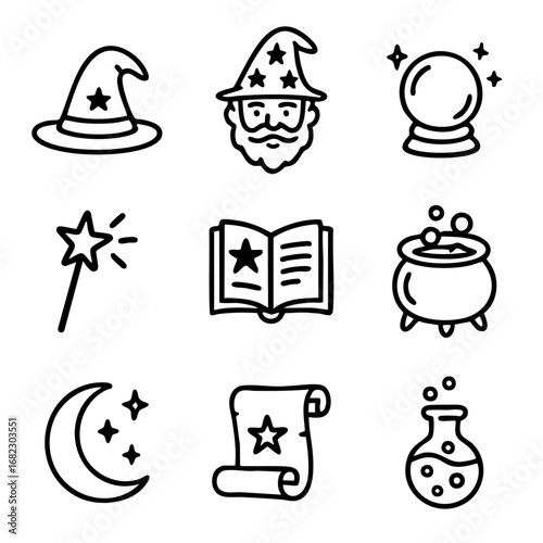 A set of doodle line icons representing wizardry, magic spells, potions, wands, scrolls, cauldrons, and mystical fantasy elements