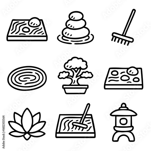 A set of doodle line icons featuring Japanese zen gardens, raked sand, stacked stones, bonsai, lotus, and peaceful meditation elements