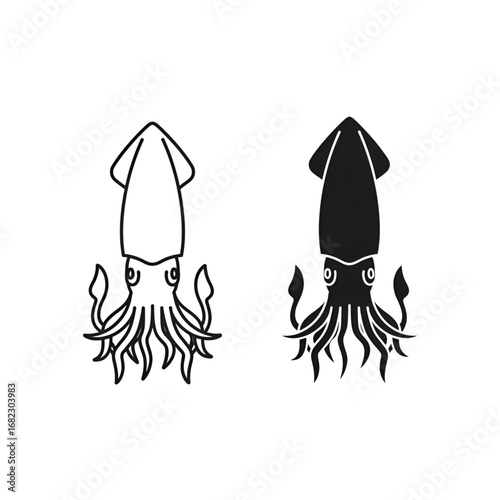 Minimalist outline and silhouette squid icons for education, seafood, and ocean infographics