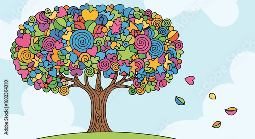Whimsical tree bursting with colorful hearts, stars, and swirls, evoking joy, creativity, and a vibrant, playful spirit for delightful designs