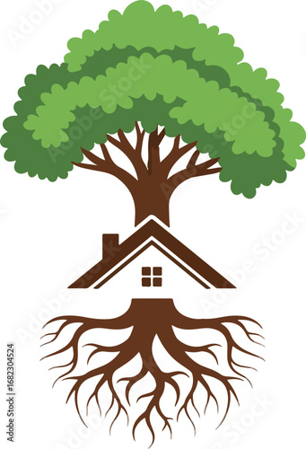 Discover the perfect blend of home and nature with this grounding tree and house emblem signifying stability, growth, and strong foundations for a secure future.