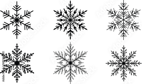 Set of six detailed black snowflake silhouettes, winter season symbols, holiday decorations, festive patterns, frost, ice crystals, cold weather, Christmas, seasonal art, winter background