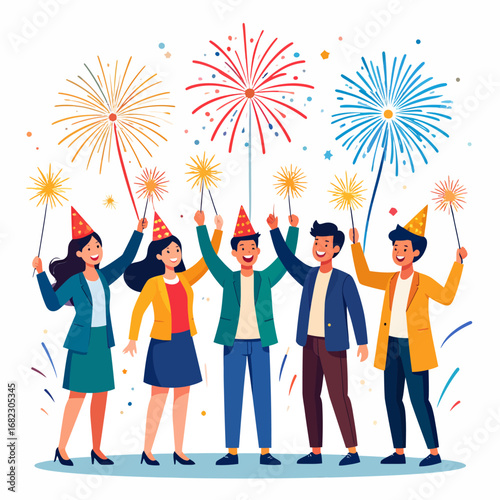 Joyful celebration with fireworks and sparklers, people enjoying festive occasion with party hats and smiles, creating a vibrant and happy atmosphere