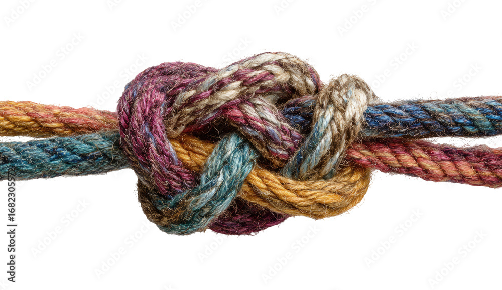 Obraz premium Close-up of a colorful knot tied in three strands of rope. The ropes are a mix of various shades, including purple, teal, and gold, creating a vibrant visual. 