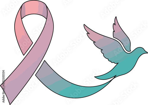 Hopeful journey symbolized by a gentle dove soaring alongside a delicate awareness ribbon, embodying resilience and recovery