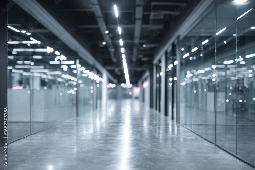 Fototapeta premium Blurry office corridor with glass walls