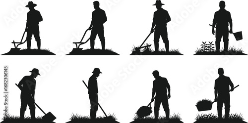Silhouette of farmers working in the field, gardening, planting, harvesting, farming tools, rural agriculture, farm work, outdoor labor, nature, cultivation, farming lifestyle