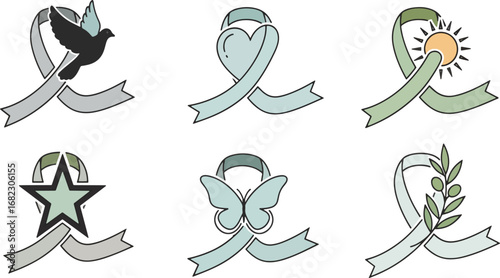 Six symbolic awareness ribbons featuring hopeful icons like doves, hearts, suns, stars, butterflies, and olive branches for diverse causes and support campaigns