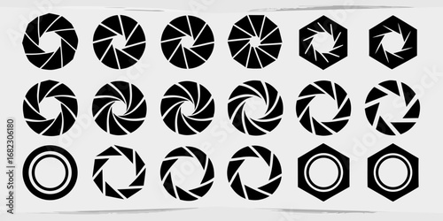 Collection of black camera aperture icons and geometric shapes on a light gray background