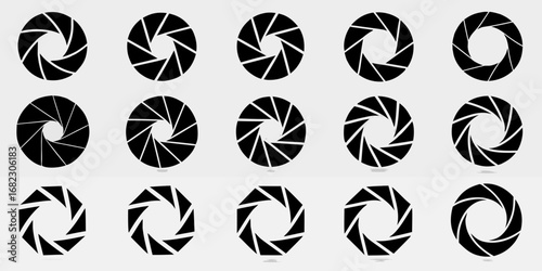 Collection of black camera aperture icons with overlapping blades creating circular patterns