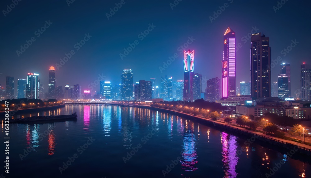 Obraz premium Neon skyscrapers glowing like cosmic jewels across endless skies