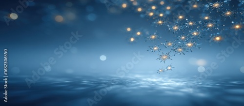 A dreamy winter scene features floating snowflakes with glowing lights against a blurred blue backdrop