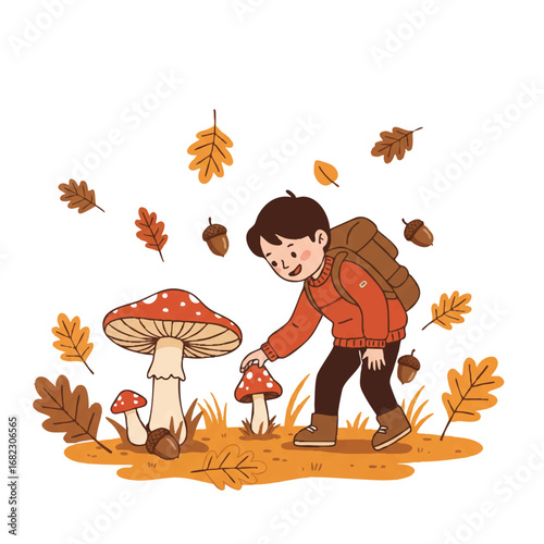 An adventurous kid explores an autumn forest, bending to pick up acorns near a vibrant mushroom amidst falling leaves, depicted in a charming flat 2D vector illustration.