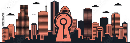 Unlock your city's potential with this stylized skyline featuring a keyhole emblem, symbolizing access and opportunity for urban development and business growth.