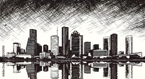 Striking black and white sketch captures iconic city skyline with dramatic reflected water, evoking urban sophistication and artistic flair for modern design