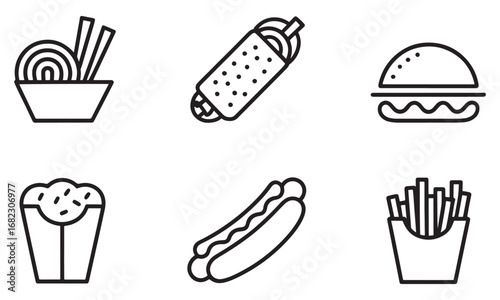 A Variety of Outlined Fast Food Icons Representing Noodles, Shawarma, Burger, Popcorn, Hotdog, and Fries in a Graphic Design
