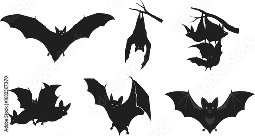Silhouettes of bats flying and hanging from tree branches, group of bats clustered together, nocturnal animals, Halloween theme, dark wildlife, night creatures, spooky nature, winged mammals.