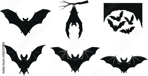 Silhouettes of bats flying, hanging upside down on tree branch, group in cave, night wildlife, dark nature, 