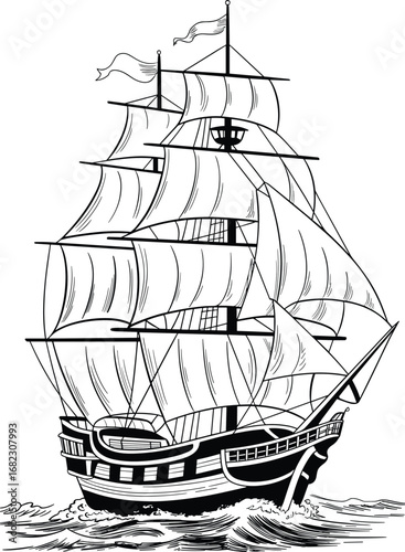 Vintage sailing ship with full sails on water, classic wooden ship illustration, maritime vessel drawing, nautical art, historical sailing ship, ocean waves, hand-drawn ship artwork