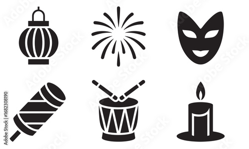 Festive Celebrations Icons Featuring Lanterns, Fireworks, Masks, Rattles, Drums and Candles, Depicting Celebration and Culture
