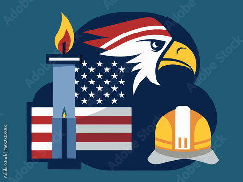 Clean vector poster of firefighter helmet, eagle, and candle flame symbolizing 9/11 remembrance.